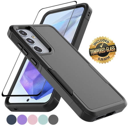 Samsung Galaxy A55 5G Case with Tempered Glass Screen Protector, Tekcoo Heavy Duty Rugged Shockproof Full Body Protective 2-IN-1 Phone Case Cover for Galaxy A55 5G, Black