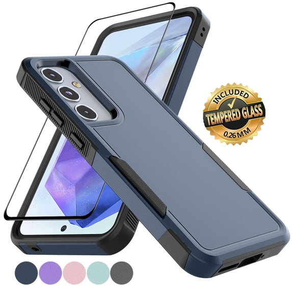 Samsung Galaxy A55 5G Case with Tempered Glass Screen Protector, Tekcoo Heavy Duty Rugged Shockproof Full Body Protective 2-IN-1 Phone Case Cover for Galaxy A55 5G, Dark Blue