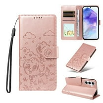 For Samsung Galaxy A55 5G Litter Dog Embossing Leather Phone Case with RFID Blocking Card Slot Wallet Magnetic Clasp Lanyard Flip Stand Case,Pink,For Galaxy A55 5G