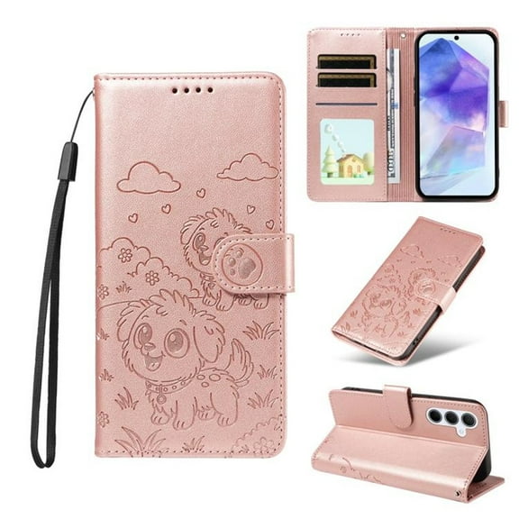 For Samsung Galaxy A55 5G Litter Dog Embossing Leather Phone Case with RFID Blocking Card Slot Wallet Magnetic Clasp Lanyard Flip Stand Case,Pink,For Galaxy A55 5G