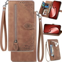 for Samsung Galaxy A55 (5G) Phone Wallet Case Zipper Storage Pocket, Floral Matte Leather Folio Flip Cover Kickstand, Multi Card Holder Cash Slot Photo Frame, Leaf Magnetic Buckle, Wrist Lanyard