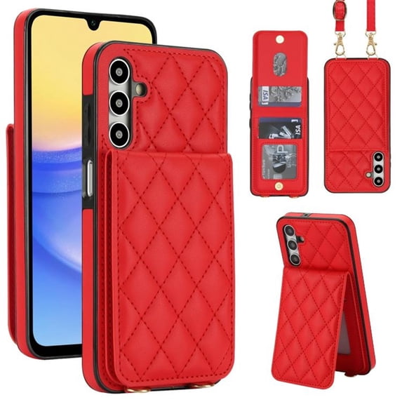 For Samsung Galaxy A55 5G RFID Blocking Protective Purse Wallet Case Magnetic Flip Cover Multi-Card Slots Pocket With Detachable Shoulder Strap,Red,For Galaxy A55 (5G)