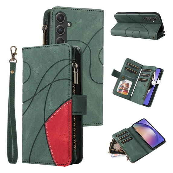 for Samsung Galaxy A55 5G Wallet Phone Case with 9 Card Holder Zipper Pocket, Magnetic Closure Premium Folio PU Leather Flip Case with Wrist Strap for Samsung Galaxy A55 5G,Green