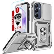 for Samsung Galaxy A55 Case, Case for Samsung A55 5G with Slide Camera Cover + Tempered Glass Screen Protector, Military-Grade Case Cover with Ring Stand for Samsung A 55 5G, Silver