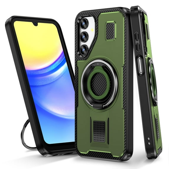 for Samsung Galaxy A55 Case, Dual Layers Shockproof Kickstand Cell Phone Cover Protective with Rugged Ring Holder, Carbon Fiber Military Heavy Duty Case for Samsung Galaxy A55, Green