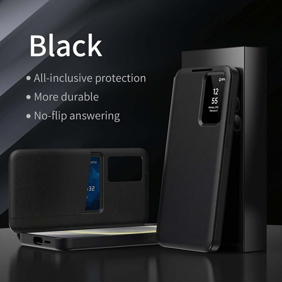 For Samsung Galaxy A55 Case PU Leather Flip Case,With Intelligent Window,With Card Holder,Anti-fall Rugged Shockproof Protective Phone Case Cover for Samsung Galaxy A55,Black