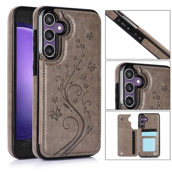 for Samsung Galaxy A55 Case Wallet with Card Holder, Floral Flower Pattern Back Flip Folio PU Leather Kickstand Card Slots Case for Women Girls, Double Magnetic Clasp Shockproof Cover, Gray