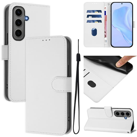 for Samsung Galaxy A55 Case Wallet with Card Holder,PU Leather Anti-fall Thin Fit Phone case for Women Men,Kickstand,flip Shockproof Cover with Credit Card Slots and Wrist Strap,White