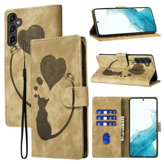 for Samsung Galaxy A55 Phone Case Wallet Flip Cases,Cute Cat & Heart Patterned,Retro PU Leather Kickstand,Card Holder,Wrist Strap,Magnetic Closure,Shockproof Cover For Samsung Galaxy A55, Beige