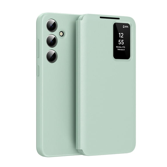 for Samsung Galaxy A55 Smart Wallet Phone Case, Protective Cover with Smart Small Screen View, Finger Tap Control, Slim Design, Card Holder Pocket, PU Leather Flip Cover, Green