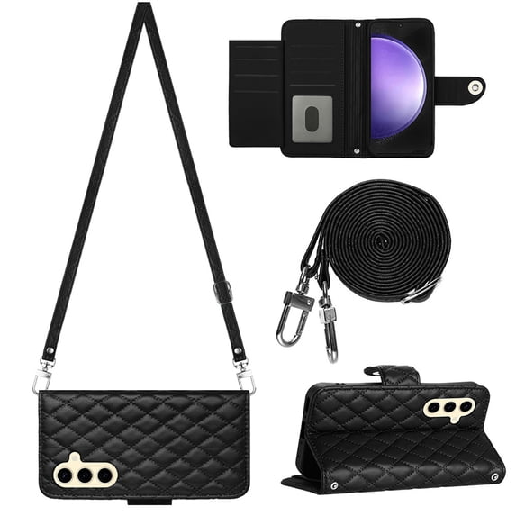 for Samsung Galaxy A55 Wallet Case, Elegant Card Holder Cash Slot PU Leather Kickstand Shoulder Strap Shockproof Protective Flip Women Girls Case Cover for Samsung Galaxy A55, Black