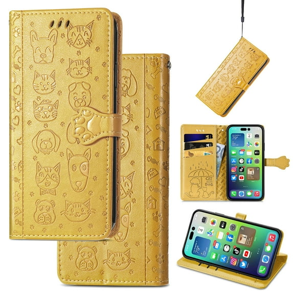 for Samsung Galaxy A56 5G Cartoon Cute Wallet Case, Cat Dog Style Flip with ID Card Holder Premium PU Leather Cases with Wrist Strap, Magnetic Closure Folio Kickstand Cover, Yellow