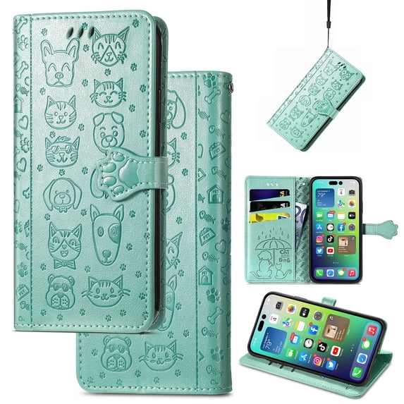 for Samsung Galaxy A56 5G Cartoon Cute Wallet Case, Cat Dog Style Flip with ID Card Holder Premium PU Leather Cases with Wrist Strap, Magnetic Closure Folio Kickstand Cover, Green