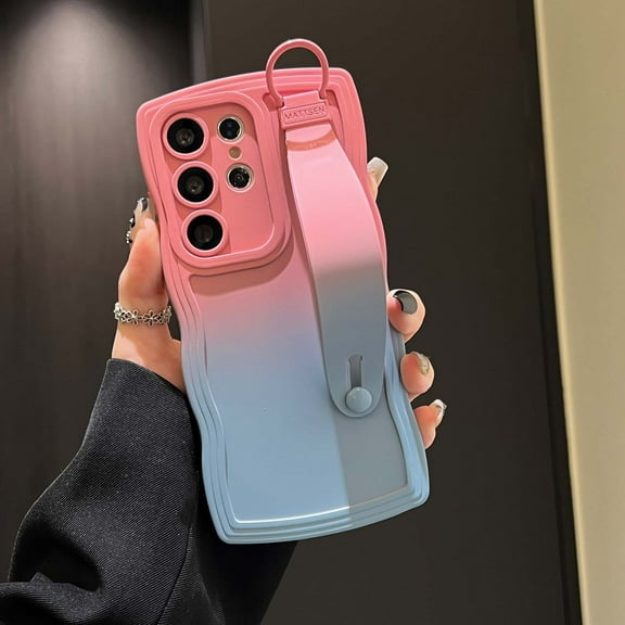 for Samsung Galaxy A56 5G Case with Adjustable Wrist Strap Stand, Cute Wavy Curly Gradient Color Soft Silicone Bumper Shockproof Aesthetic Phone Case for Women Men for A56 5G, Pink+Blue