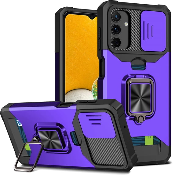 For Samsung Galaxy A56 5G Case with Card Holder & 360° Magnetic Ring Stand Heavy Duty Camera Lens Slide Dual Layer Shockproof Hidden Card Slot Slim Wallet Phone Case Cover for Women Men,Purple