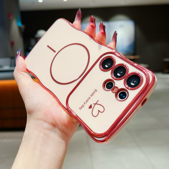 For Samsung Galaxy A56 5G Case for Women Girls [Compatible with MagSafe] Cute Curly Wave Shape, Magnetic Love Heart Pattern with Camera Lens Cover Luxury Plating Shockproof Phone Case, Pink