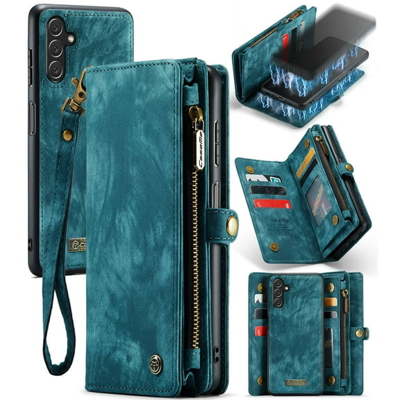 Samsung Galaxy A56 5G Leather Detachable Wallet Zipper Case with 8 Card Slots Holder Magnetic case for Samsung Galaxy A56 5G Flip Wallet Handle Wrist Strap Shockproof Pocket Handbag,
Green