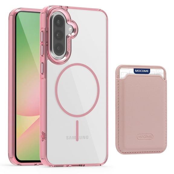 For Samsung Galaxy A56 5G Magnetic Clear Phone Case,Magnetic Detachable Card Slots Holder Wallet,Compatible with Mag-safe,Crystal Transparent Shockproof Protective Rugged Phone Case,Pink