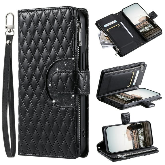 for Samsung Galaxy A56 5G Wallet Case with Card Holder & Kickstand & Wrist Strap, Flip Folio Book Style PU Leather Protective Cover with Crossbody Strap for Samsung Galaxy A56 5G, Black