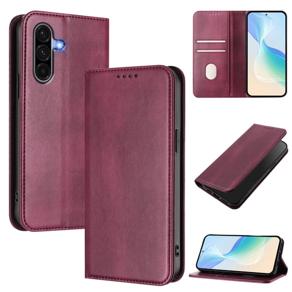 for Samsung Galaxy A56 5G Wallet Rugged Case, Premium PU Leather RFID Blocking Card Slots Kickstand Classic Full Body Protection Magnetic Function Durable Phone Cover for A56 5G, Winered