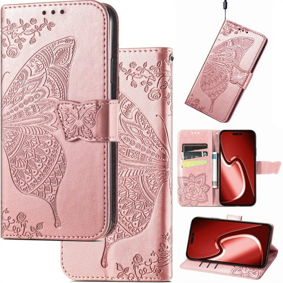 for Samsung Galaxy A56 Leather Wallet Phone Case, Butterfly Flower Relief Folio Flip Cover, Floral Card Holder Cash Slot, Magnetic Clasp, Stand Support, Wrist Strap Lanyard