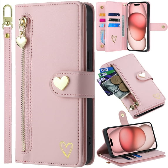 for Samsung Galaxy A56 Phone Case Leather Wallet Pocket Folio Flip Cover Kickstand, 3 Layer Multi Card Holder Cash Slot Photo Bag, Golden Love Zipper Puller + Magnetic Buckle, Wrist Strap