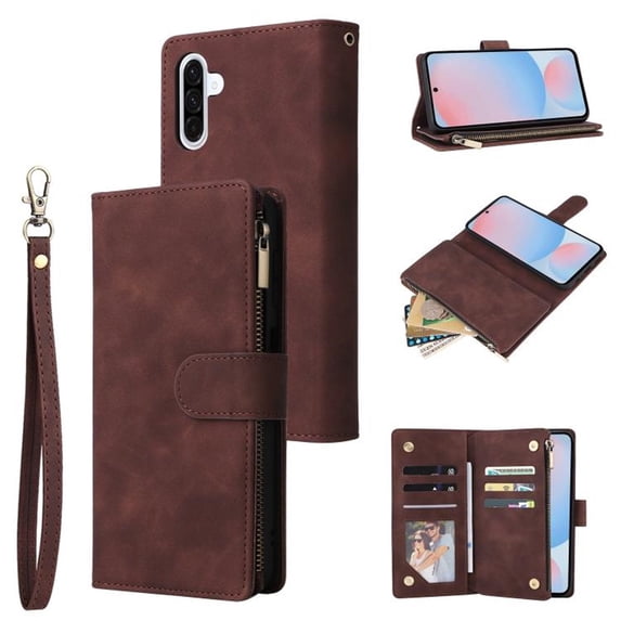 For Samsung Galaxy A57 5G Matte Texture Wallet Phone Case with 6 Card Holder Zipper Pocket, Magnetic Closure Premium Folio PU Leather Flip Case With Wrist Strap,Coffee,For Galaxy A57 5G