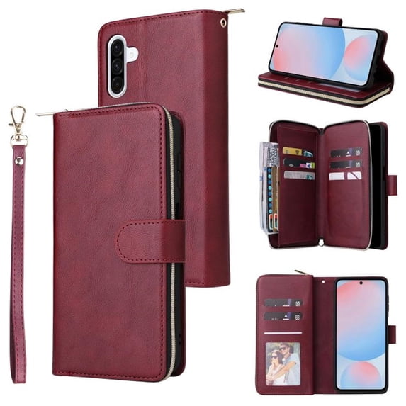 For Samsung Galaxy A57 5G Wallet Phone Case With 9 Card Holder Zipper Pocket, Magnetic Closure Premium PU Leather Flip Case With Wrist Strap,Wine red,For Galaxy A57 5G