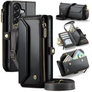 For Samsung Galaxy A57 Case Crossbody Wallet PU Leather Magnetic Flip Folio Wristlet Shoulder Strap 3-in-1 Crossbody Phone Case with Card Slots Zipper Pocket for Women Men,Black