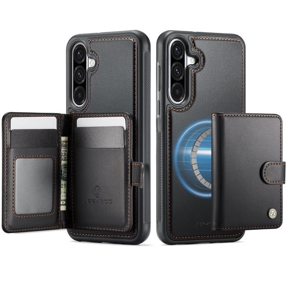 For Samsung Galaxy A57 Phone Case,2-in-1 Magnetic Removable Card Holder,Compatible With Mag-Safe,PU Leather + TPU + PC Hybrid Shockproof Anti-fall Protection,Durable Phone Case,Black