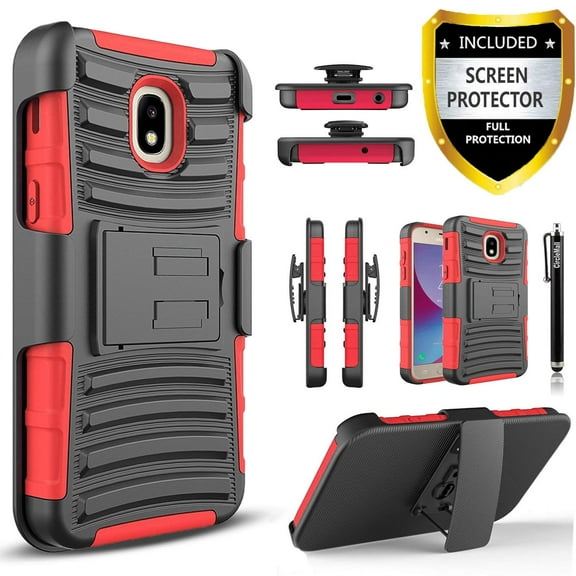 Samsung Galaxy A6 Case, Dual Layers [Combo Holster] And Built-In Kickstand Bundled with [Tempered Glass Screen Protector] Hybird Shockproof And Circlemalls Stylus Pen-Red