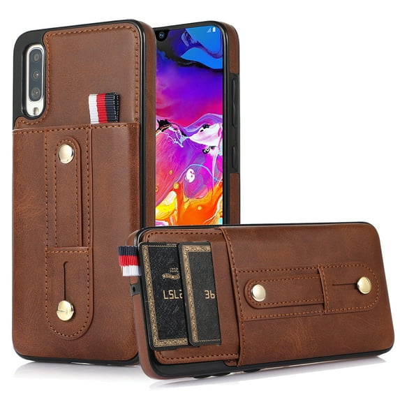 for Samsung Galaxy A70 Case Wallet with Slide Credit Card Holder, Flip Premium PU Leather Hidden Kickstand Classic Retro Heavy Duty Protective Cover for Samsung Galaxy A70,Brown