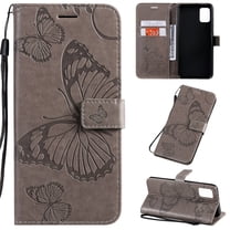 Samsung Galaxy A71 (4G) Case, Dteck Embossed Butterfly Magnetic Flip PU Leather Wallet Case Stand Protective Cover with Hand Strap [Built-in credit card slots/money pocket],Gray Butterfly