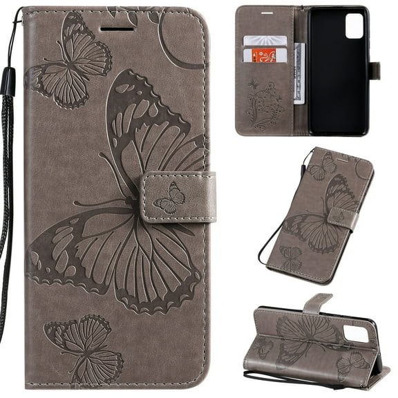 Samsung Galaxy A71 (4G) Case, Dteck Embossed Butterfly Magnetic Flip PU Leather Wallet Case Stand Protective Cover with Hand Strap [Built-in credit card slots/money pocket],Gray Butterfly
