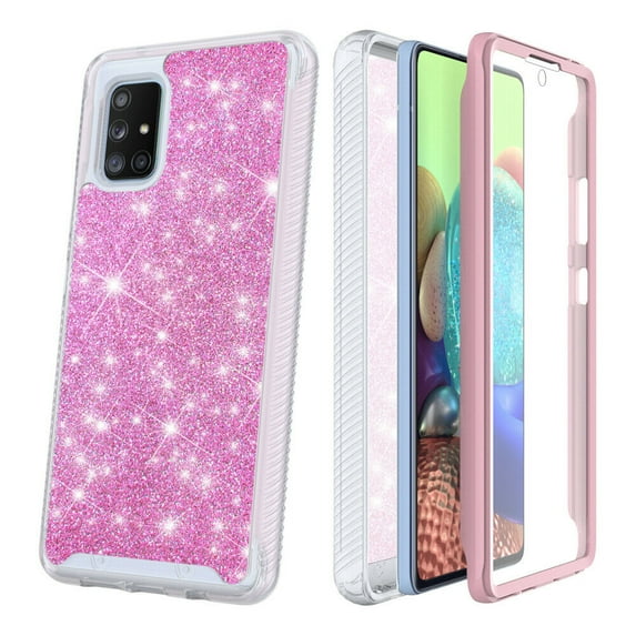 for Samsung Galaxy A71 4G (NOT FOR A71 5G) Glitter Phone Case Dual Layer Full-Body Rugged Clear Back Case Drop Resistant Shockproof Case with Built In Screen Protector (Pink)