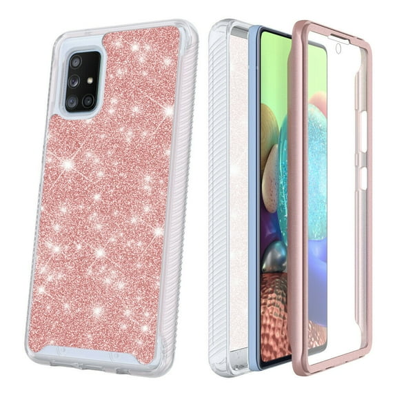 for Samsung Galaxy A71 4G (NOT FOR A71 5G) Glitter Phone Case Dual Layer Full-Body Rugged Clear Back Case Drop Resistant Shockproof Case with Built In Screen Protector (Rose)