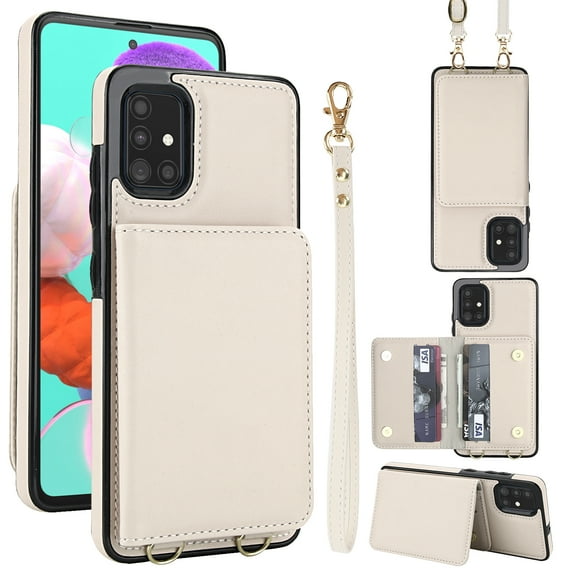 For Samsung Galaxy A71 4G Phone Case Wallet Card Holder,RFID Blocking PU Leather Back Magnetic Flip Kickstand Folio Case Wrist Lanyard & Crossbody Strap Protective Women Girls Cover,White