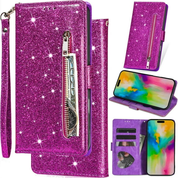 for Samsung Galaxy A71 (5G) Bling Patent Leather Phone Case, Sparkly Shiny Glossy Folio Flip Cover Kickstand Wallet Zipper Pocket Pouch, Card Holder Cash Slot, Magnetic Closure, Wrist Strap