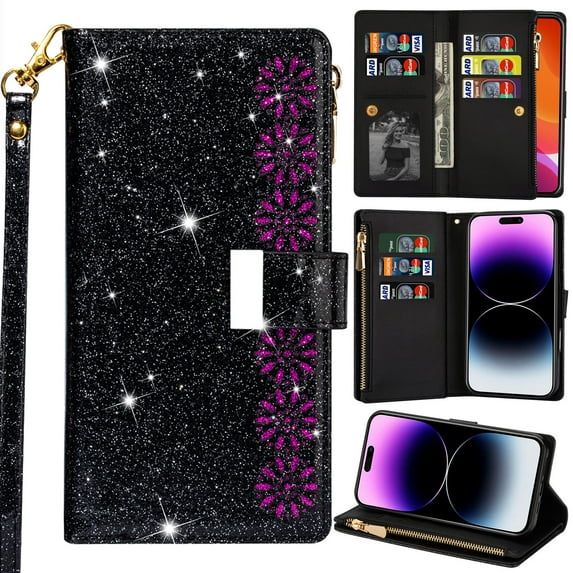 for Samsung Galaxy A71 (5G) Bling Phone Case Wallet, Hollowed Out Flower Sparkly Shiny Smooth Leather Flip Cover Kickstand Zipper Pocket, 2-Layered Card Holder Slot, Magnetic Buckle, Wrist Rope