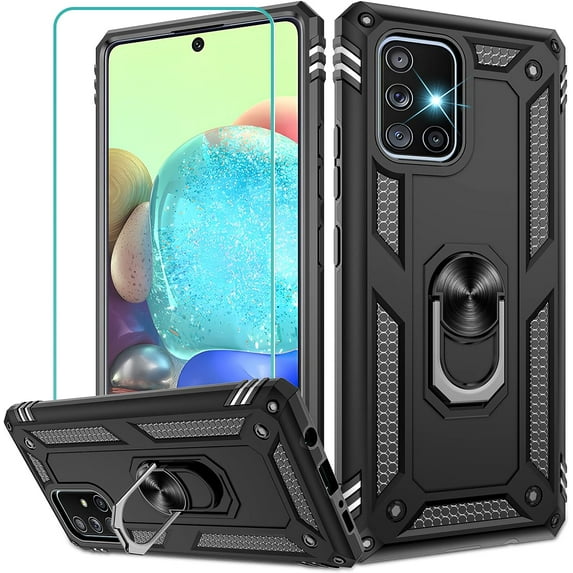 Samsung Galaxy A71 5G Case (Not Fit Galaxy A71 4G) with HD Screen Protector, Dual Guard Protection Series Case with Portable Magnetic Ring Stand for Samsung A71 5G (Black Military Case)