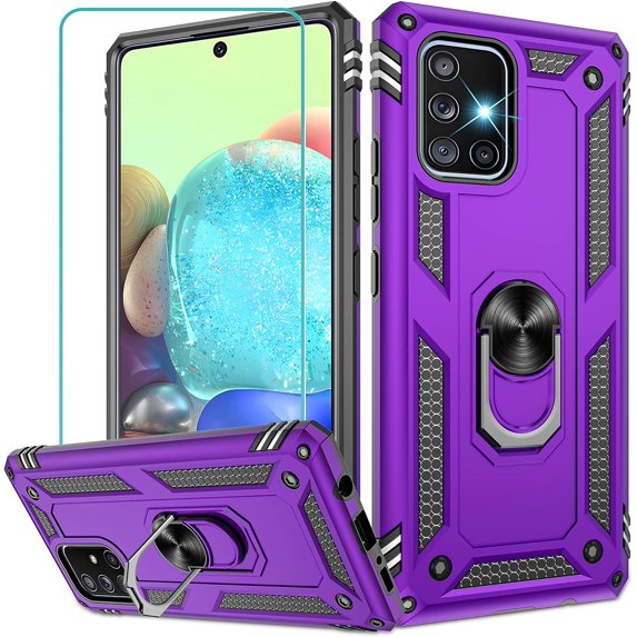 Samsung Galaxy A71 5G Case (Not Fit Galaxy A71 4G) with HD Screen Protector, Dual Guard Protection Series Case with Portable Magnetic Ring Stand for Samsung A71 5G (Purple Military Case)