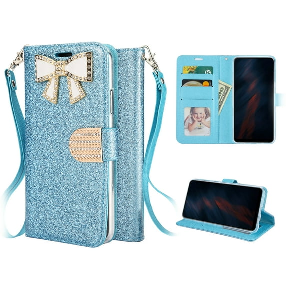 Samsung Galaxy A71 5G Phone Case, Strong Protective Sparkle Diamond Kickstand Wallet Compartments Multi-Function for Samsung Galaxy A71 5G Phone Case Blue