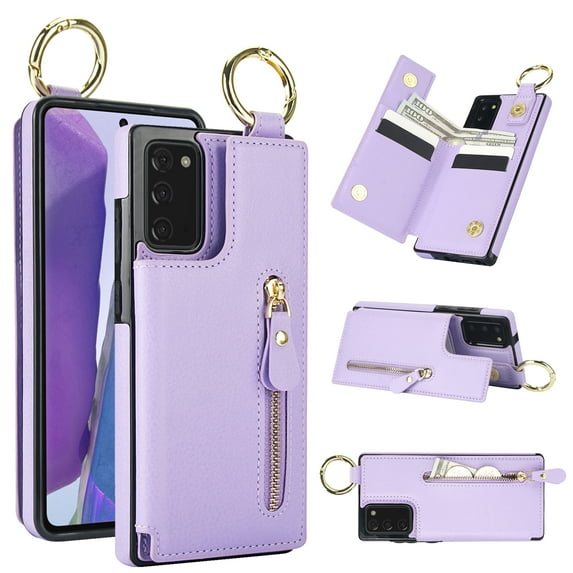 for Samsung Galaxy A71 5G Zipper Wallet Case, Premium Lychee Texture PU Leather Double Magnetic Clasp Flip Kickstand Credit Card Slots Shockproof Portable Metal Ring Hook Phone Case,Purple