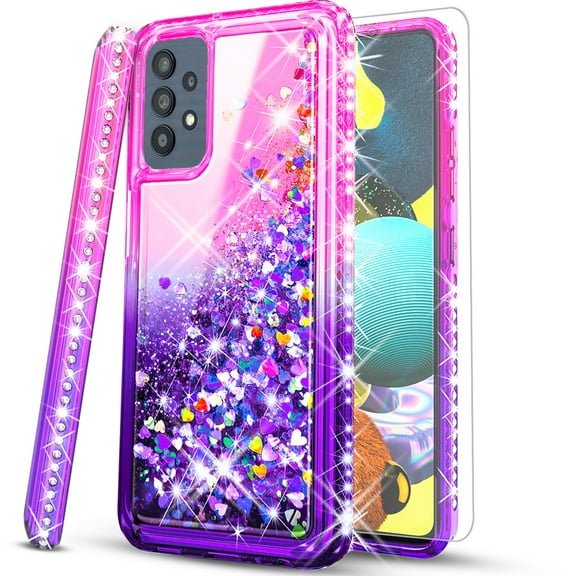 Samsung Galaxy A72 5G Case, [Not fit for Samsung Galaxy A32/ Galaxy A52], with [Tempered Glass Protector Included] Liquid Floating Glitter Quicksand Bling with Spot Diamond Cover - Pink/Purple