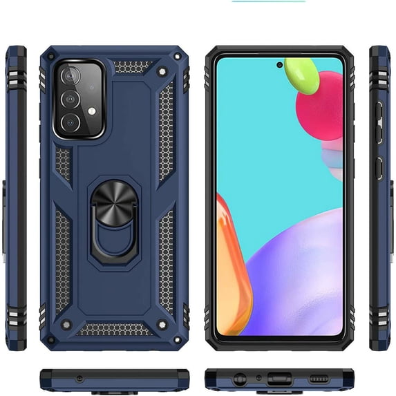 for Samsung Galaxy A72 5G Ring Stand Phone Case with Tempered Glass Magnet Mount Ready Slip Guard Grids Pattern Kickstand Hybrid Slim Shock Bumper Cover