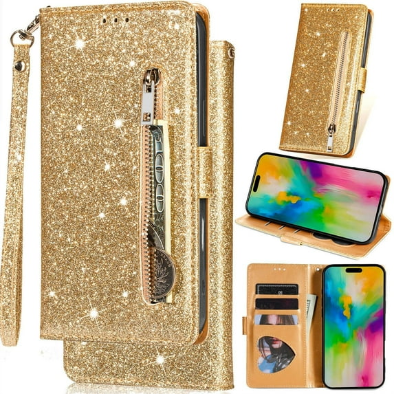 for Samsung Galaxy A72/A72 5G Bling Patent Leather Phone Case, Sparkly Shiny Glossy Folio Flip Cover Kickstand Wallet Zipper Pocket Pouch, Card Holder Cash Slot, Magnetic Closure, Wrist Strap