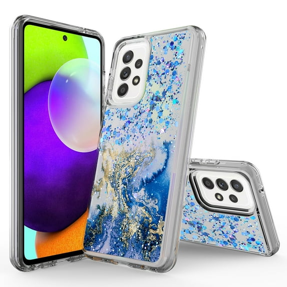 Samsung Galaxy A72 Phone Case, Rosebono Hybrid Bling Glitter Sparkle Epoxy Graphic Marble Colorful Silicone Skin Cover Armor Case for Samsung Galaxy A72 4G and 5G (Blue)