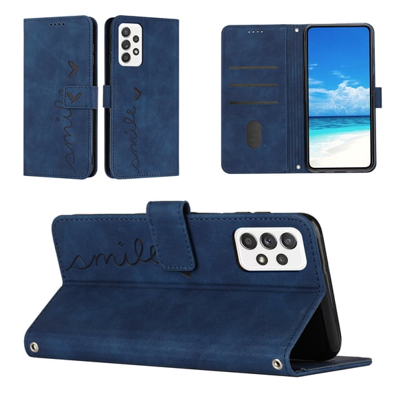 For Samsung Galaxy A72 Wallet Cover, PU Leather Kickstand Credit Card Pocket Slots Wrist Strap Magnetic Folio Heart Patterned Embossed Flip Cover for Samsung Galaxy A72 5G/4G, Blue