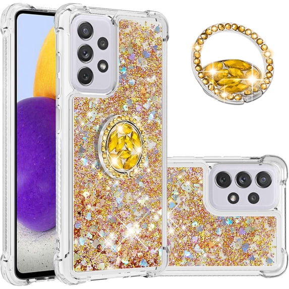 for Samsung Galaxy A73 5G Glitter Case with Ring Holder, Bling Sparkle Floating Liquid Soft TPU Cushion Fashion Girly Women Girls Clear Case Cover for Samsung Galaxy A73 5G Gold