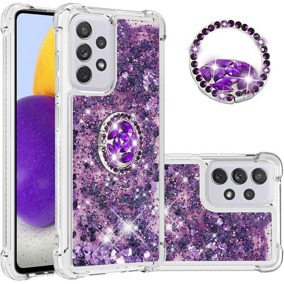 for Samsung Galaxy A73 5G Glitter Case with Ring Holder, Bling Sparkle Floating Liquid Soft TPU Cushion Fashion Girly Women Girls Clear Case Cover for Samsung Galaxy A73 5G Purple